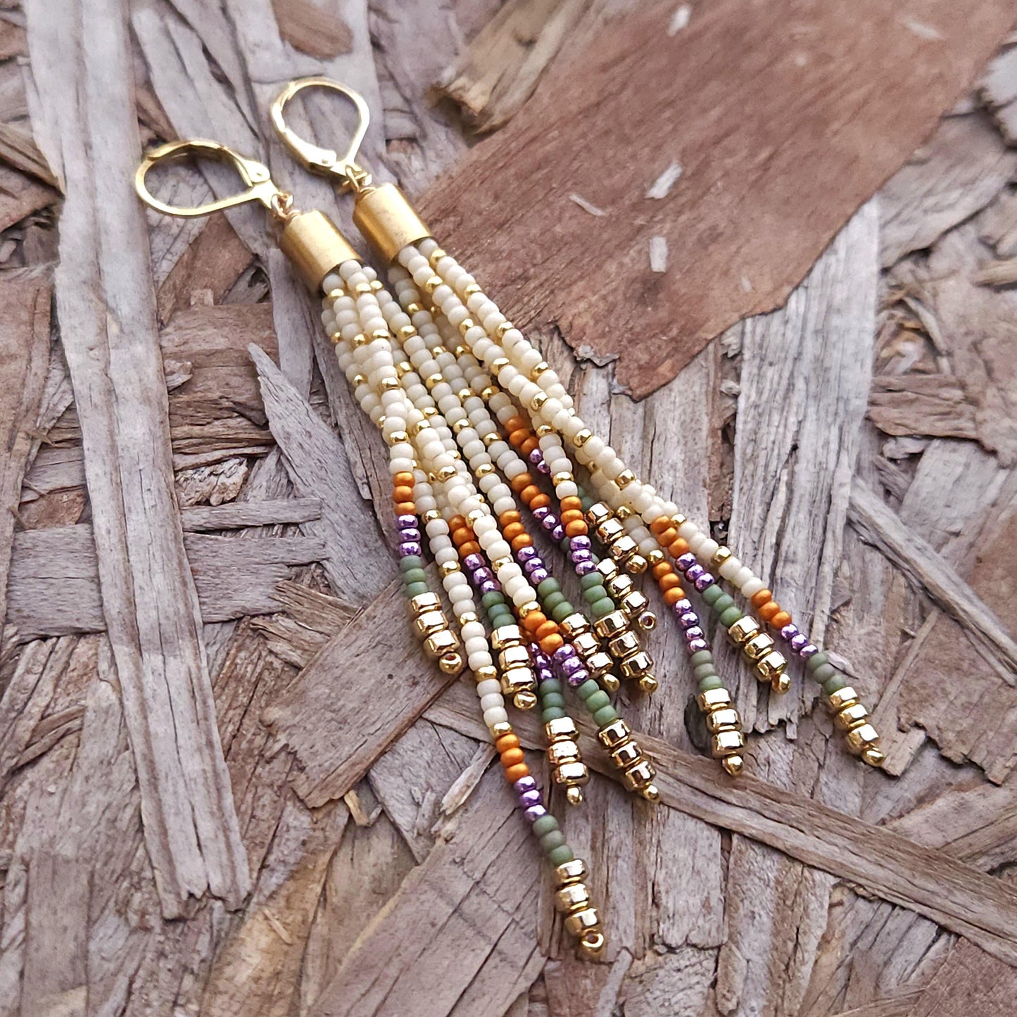 Boho Beaded Tassel Earrings – Handmade Czech Glass & 24K Gold Plated in Ivory and Purple