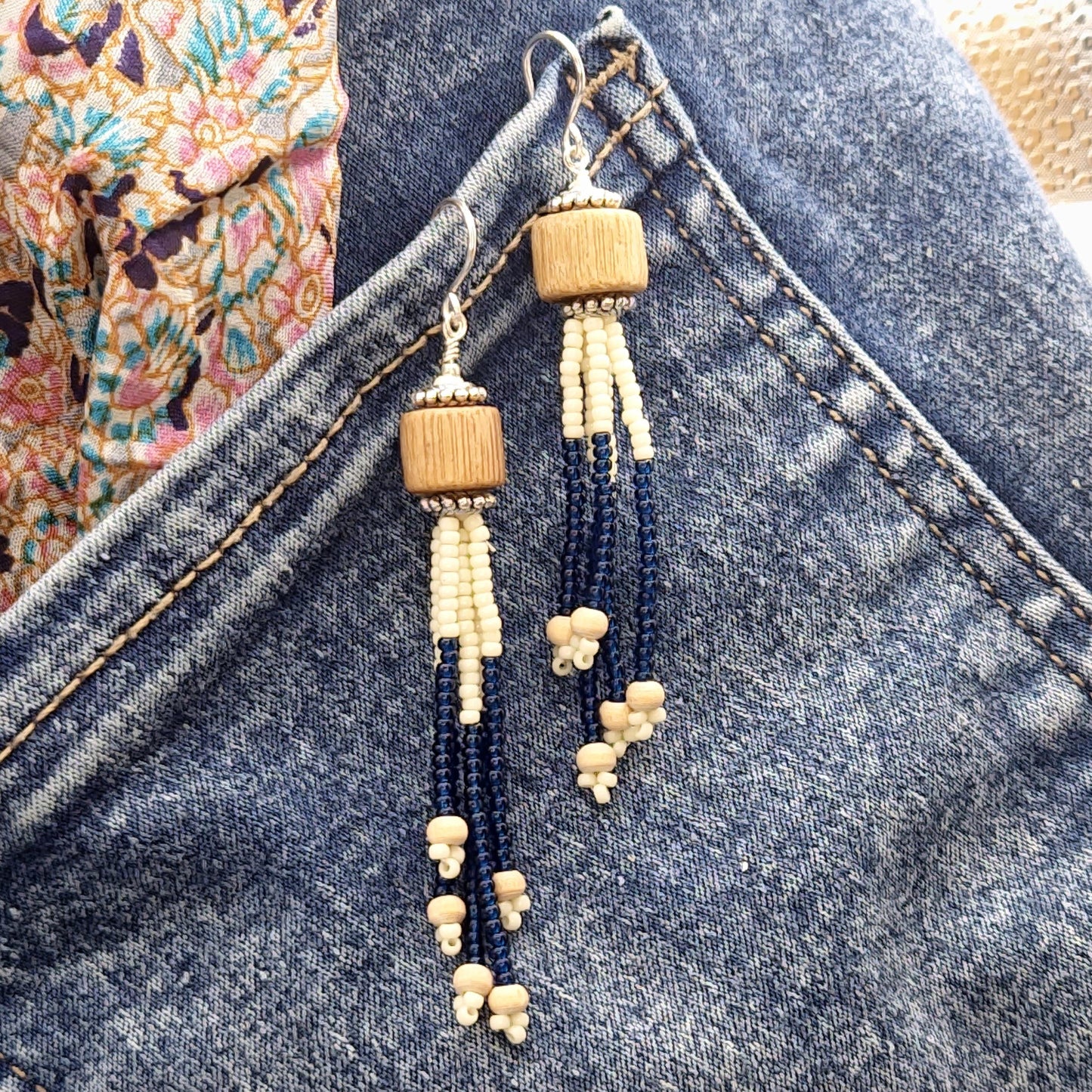 Navy Cream Dangle Earrings Handmade Boho Chic Lightweight Jewelry 24K Gold Plated Glass & Wooden Beads