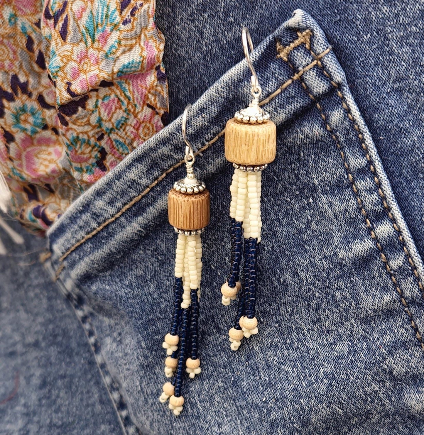 Navy Cream Dangle Earrings Handmade Boho Chic Lightweight Jewelry 24K Gold Plated Glass & Wooden Beads