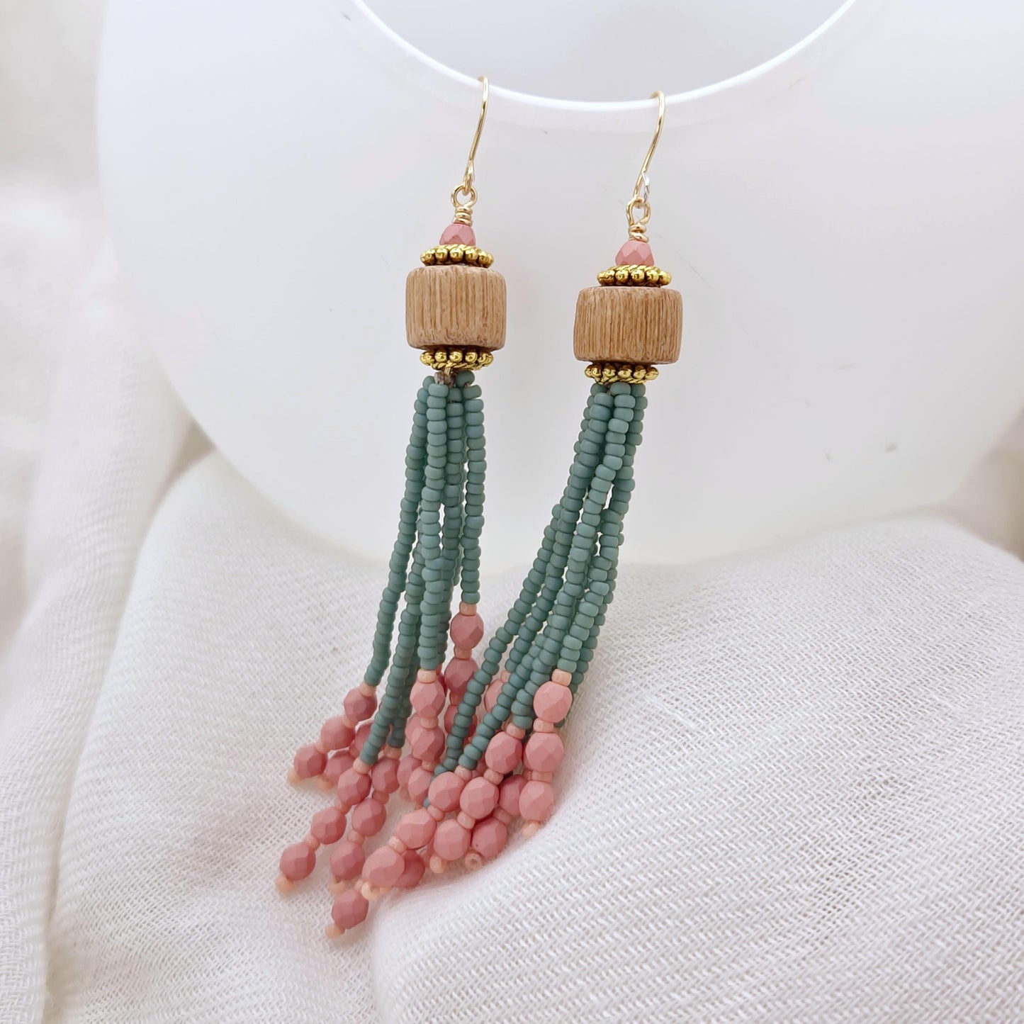 Mint and Pink Handmade Wooden and Glass Bead Dangle Earrings – Boho Chic,24K Gold Plated Accents, Faceted Seed Beads, Lightweight Jewelry