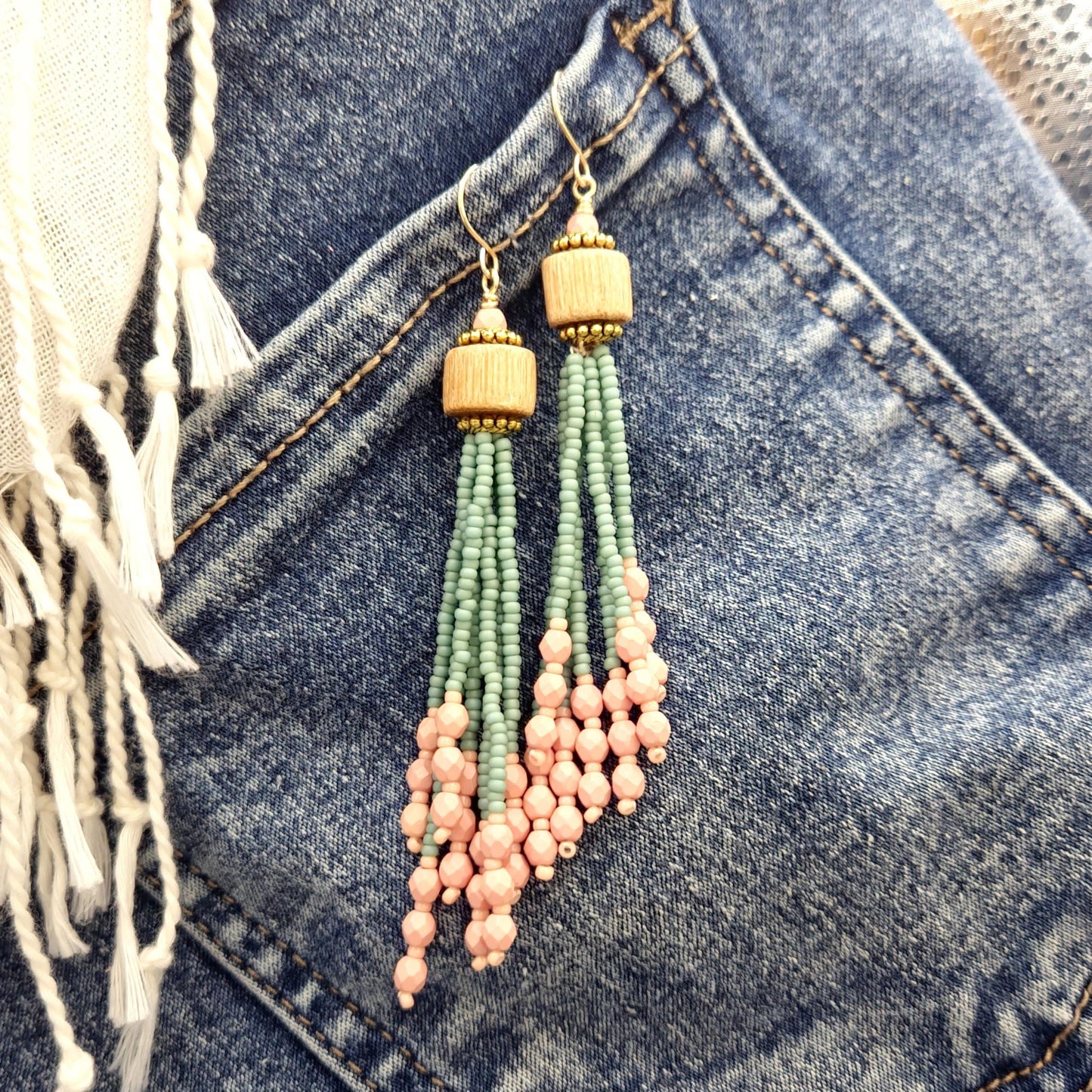 Mint and Pink Handmade Wooden and Glass Bead Dangle Earrings – Boho Chic,24K Gold Plated Accents, Faceted Seed Beads, Lightweight Jewelry