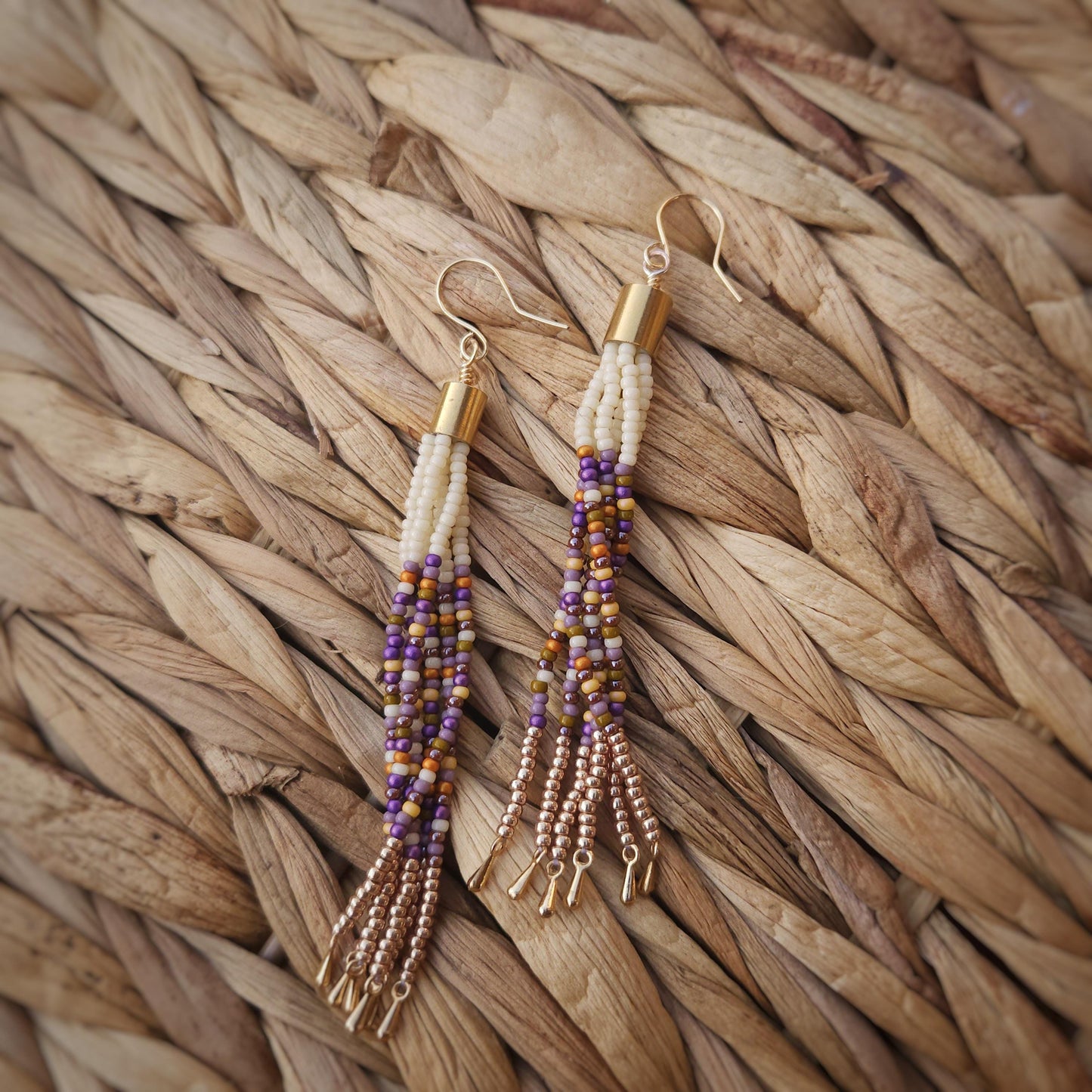 Boho Beaded Tassel Earrings – Handmade Czech Glass & 24K Gold Plated in Ivory and Purple