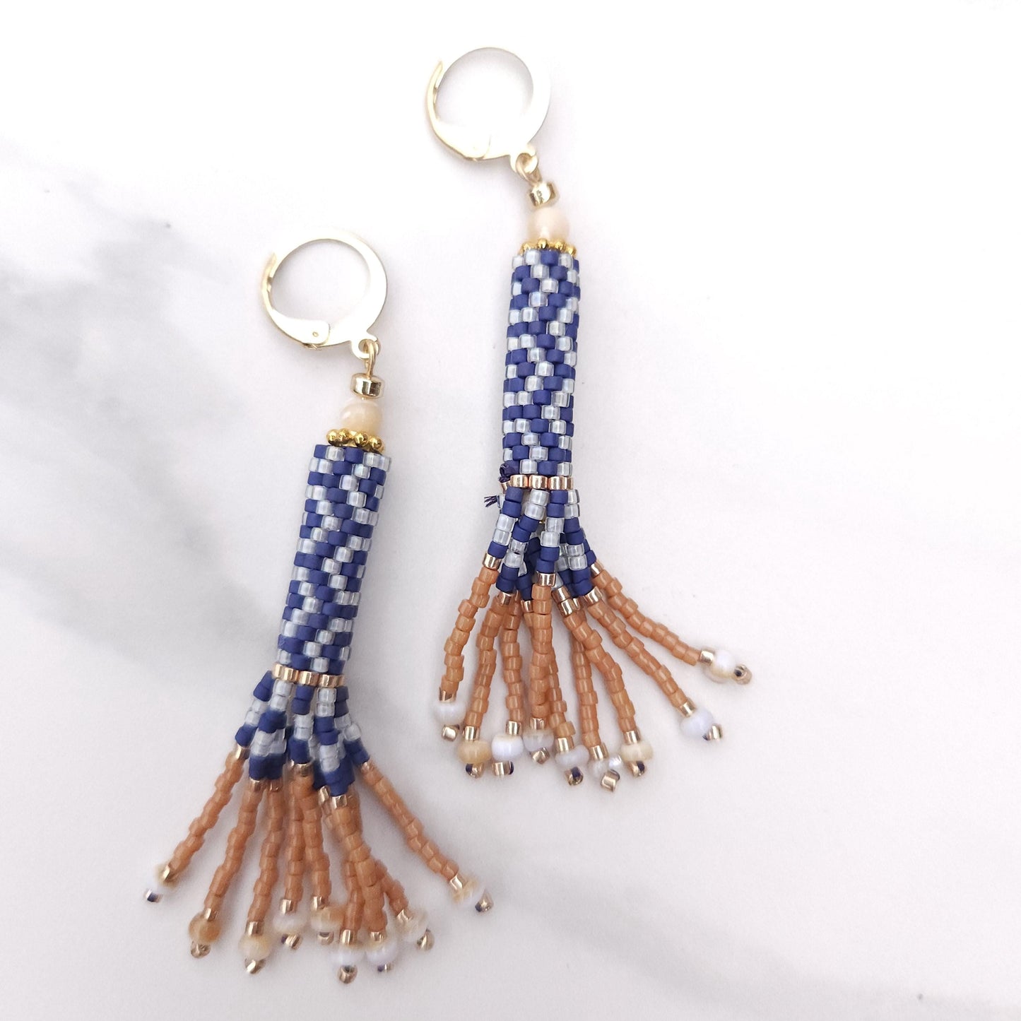 Boho Beaded Tassel Earrings – Handmade Czech Glass & 24K Gold Plated in Ivory and Navy