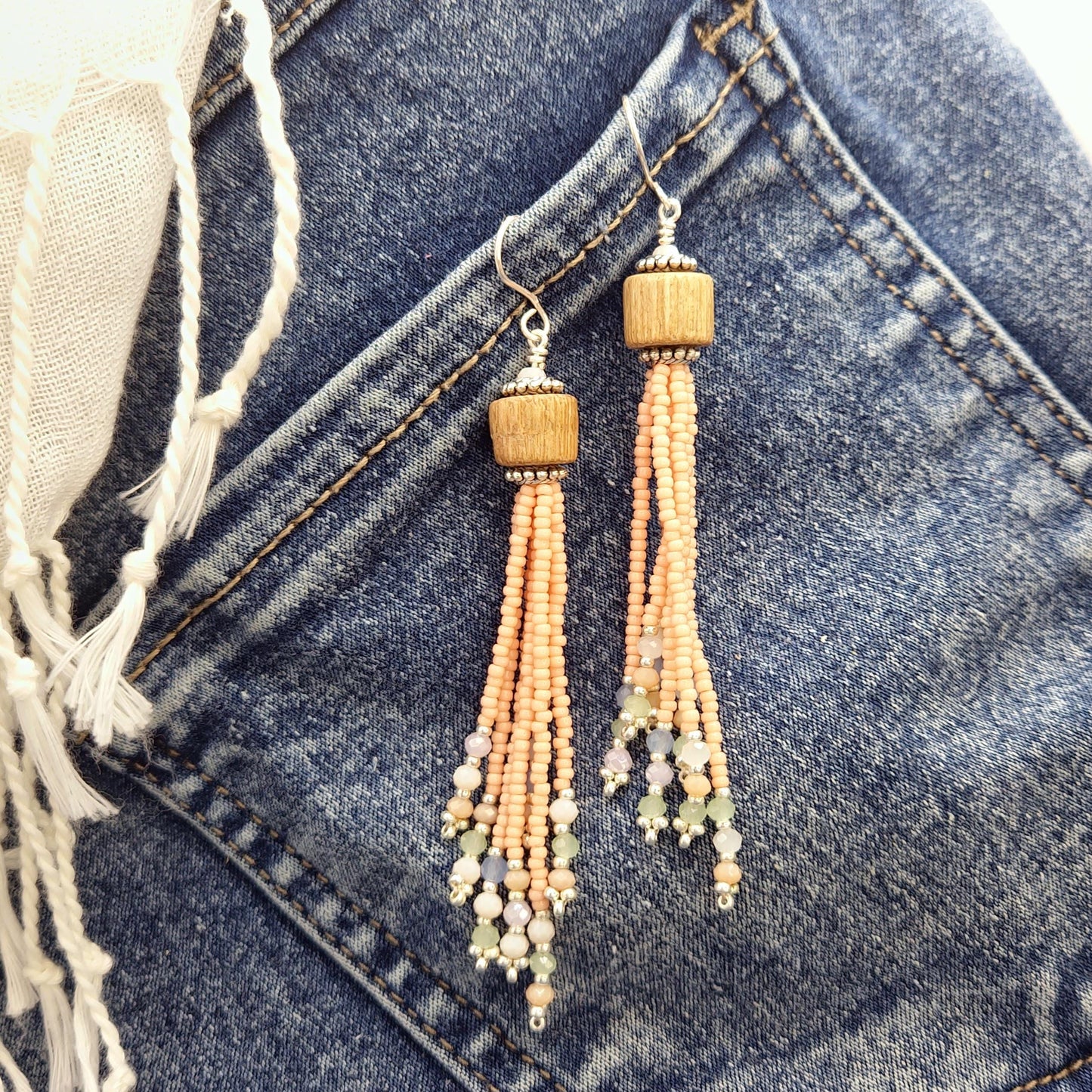 Pastel Pink Handmade Wooden and Glass Bead Dangle Earrings – Boho Chic, Silver Plated Accents, Faceted Beads, Lightweight Jewelry