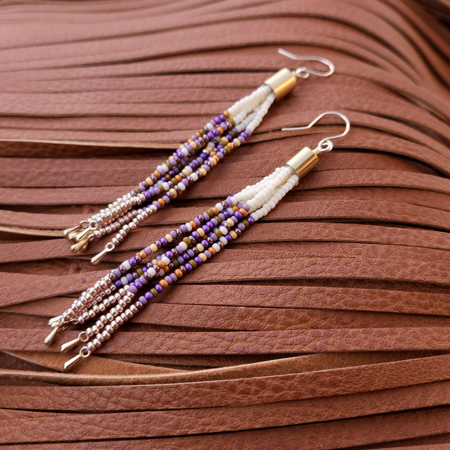 Boho Beaded Tassel Earrings – Handmade Czech Glass & 24K Gold Plated in Ivory and Purple