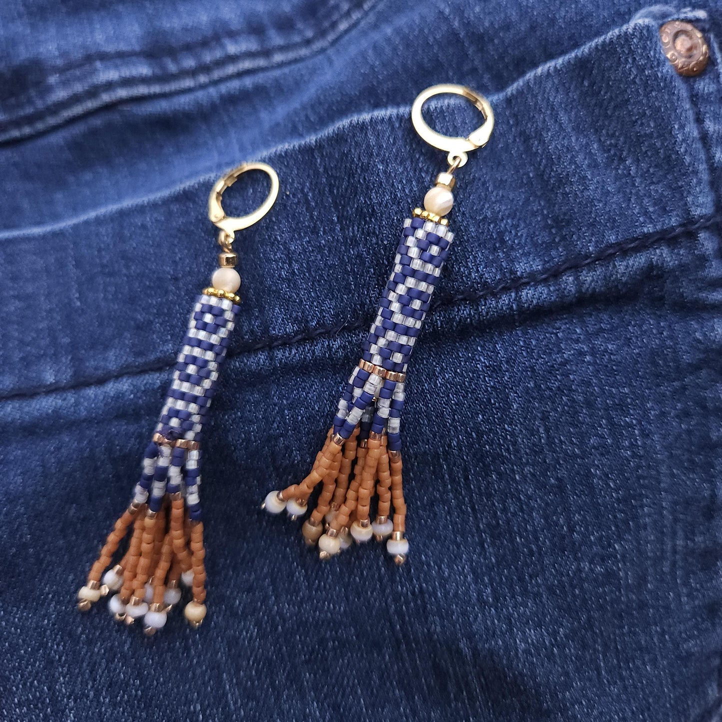 Boho Beaded Tassel Earrings – Handmade Czech Glass & 24K Gold Plated in Ivory and Navy