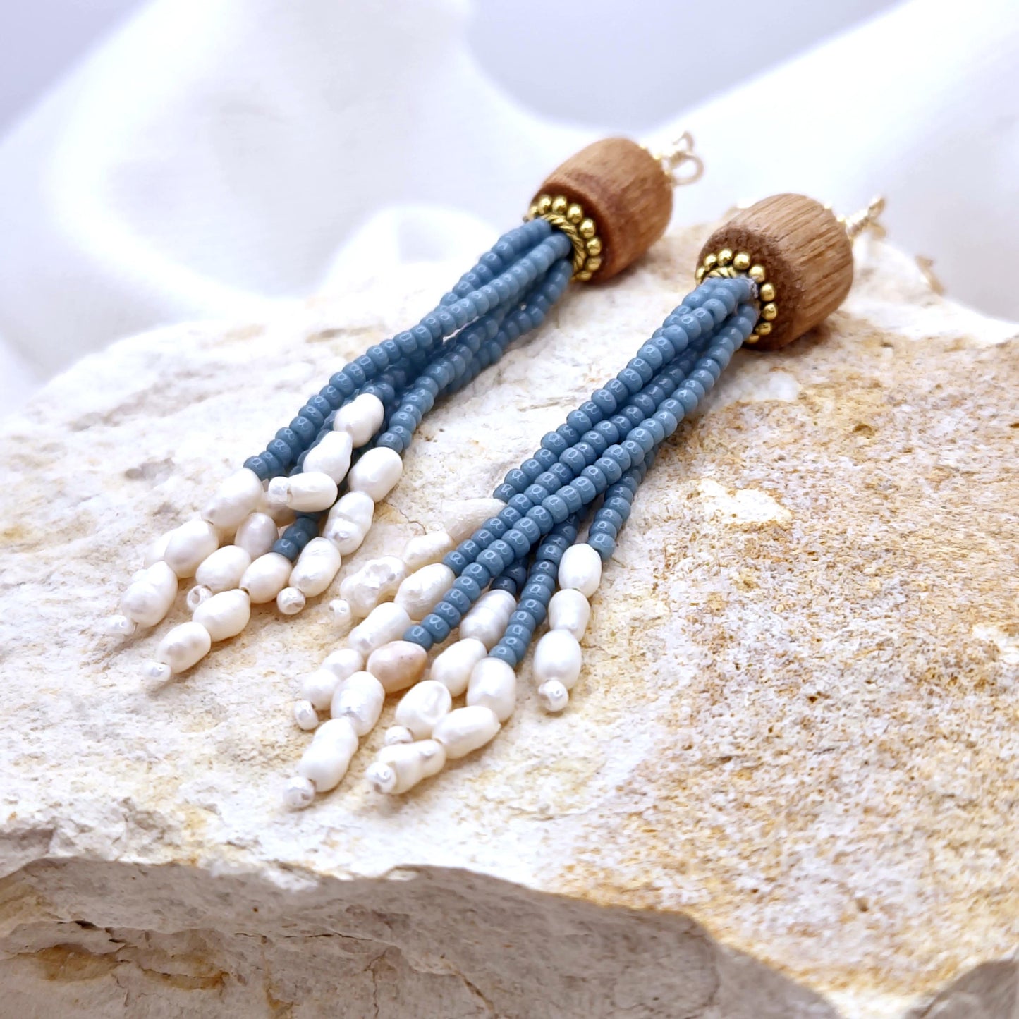 Blue Handmade Wooden and Glass Bead Dangle Earrings – Boho Chic, Silver or 24K Gold Plated Accents, Freshwater Pearls, Lightweight Jewelry