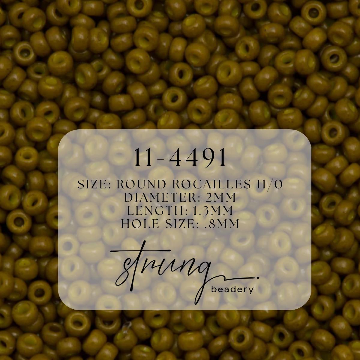 11-4491 | Miyuki Seed Bead Round Rocailles 11/0 | Duracoat Dyed Opaque Spanish Olive | 1"x2" Flip Top Container ∼15g