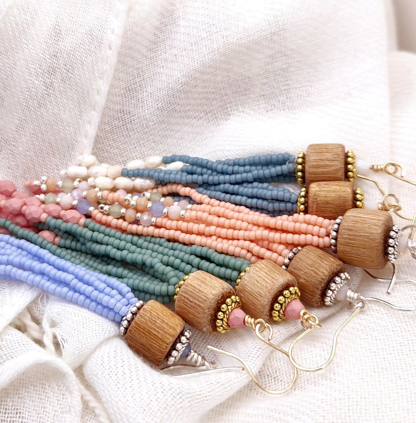 Navy Cream Dangle Earrings Handmade Boho Chic Lightweight Jewelry 24K Gold Plated Glass & Wooden Beads