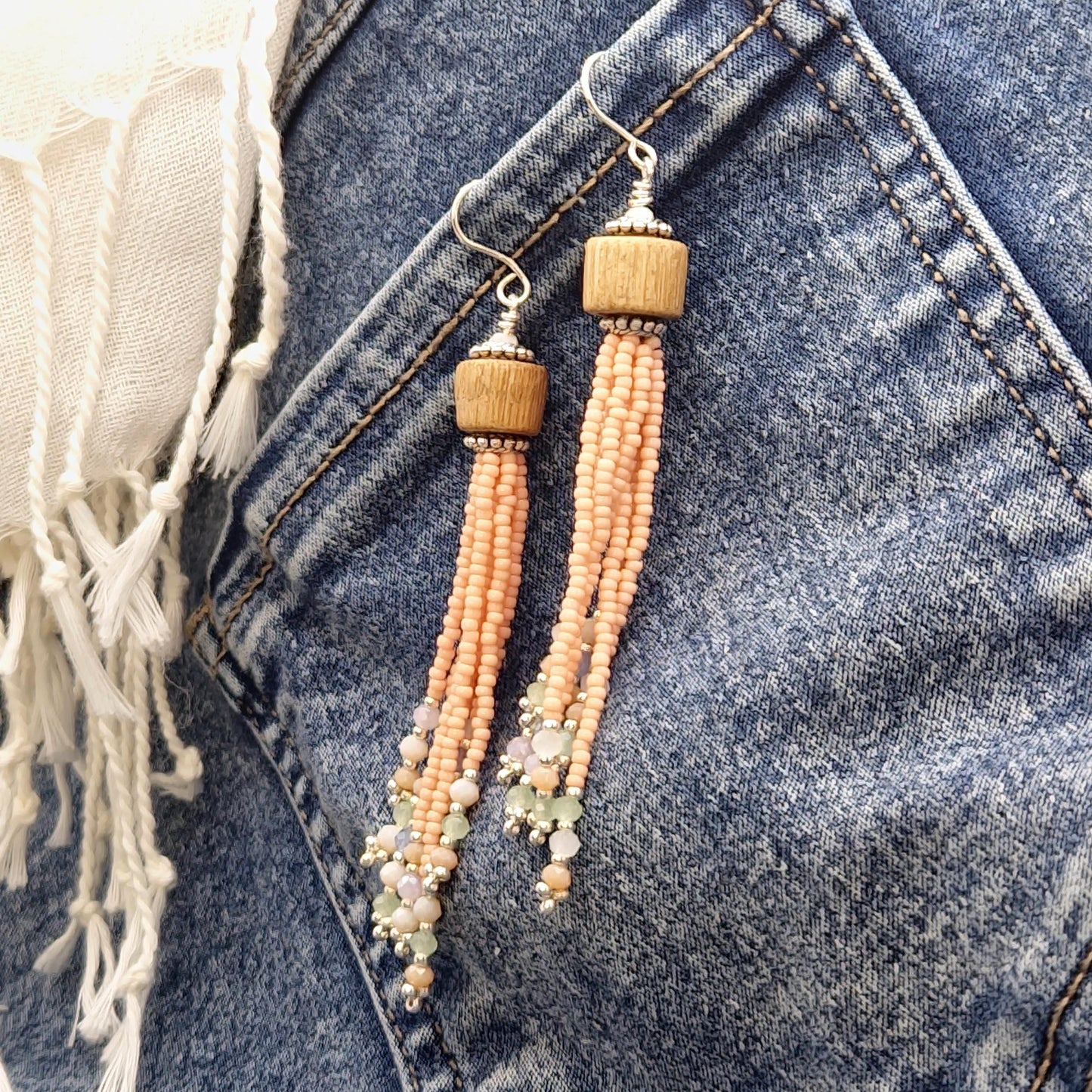 Pastel Pink Handmade Wooden and Glass Bead Dangle Earrings – Boho Chic, Silver Plated Accents, Faceted Beads, Lightweight Jewelry