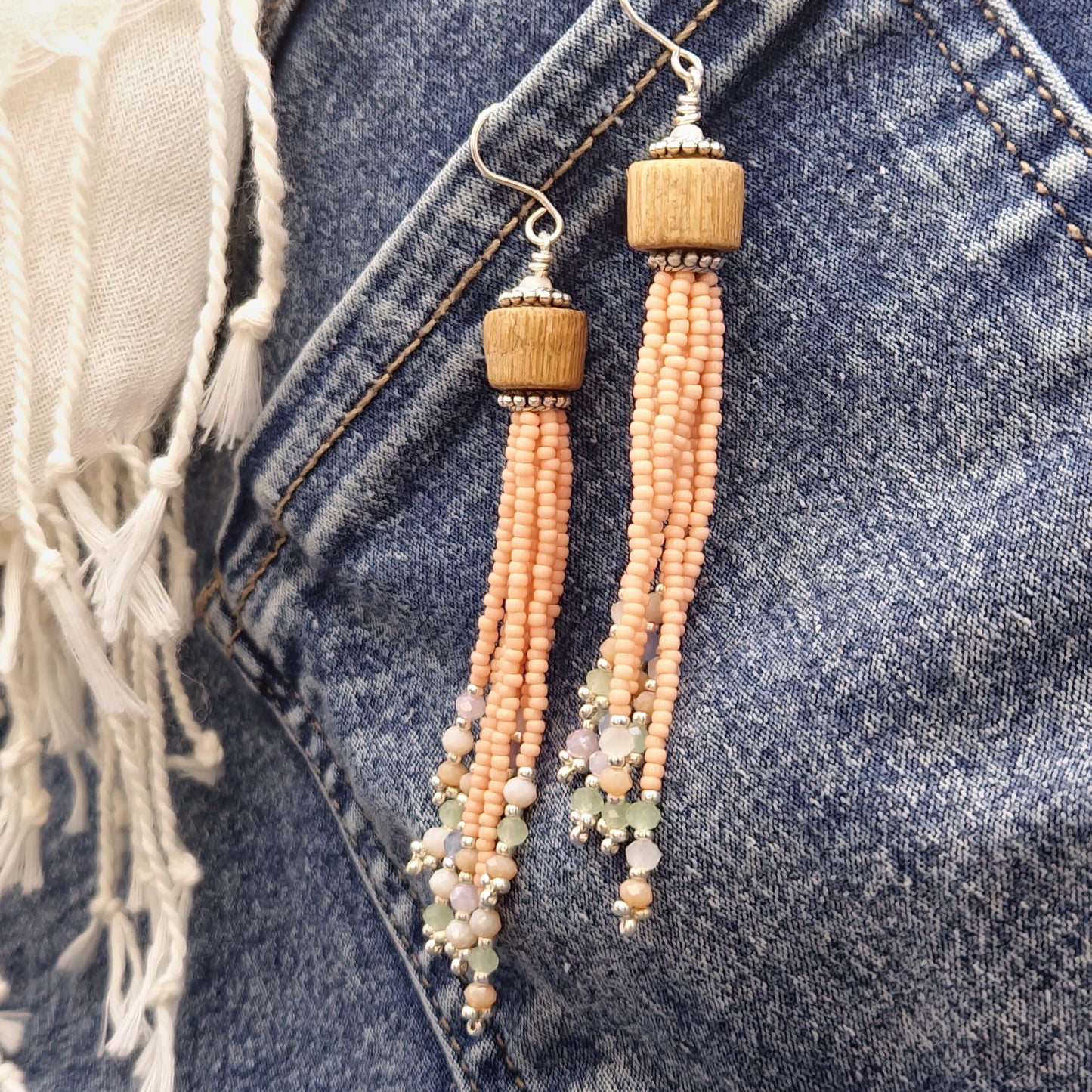 Pastel Pink Handmade Wooden and Glass Bead Dangle Earrings – Boho Chic, Silver Plated Accents, Faceted Beads, Lightweight Jewelry