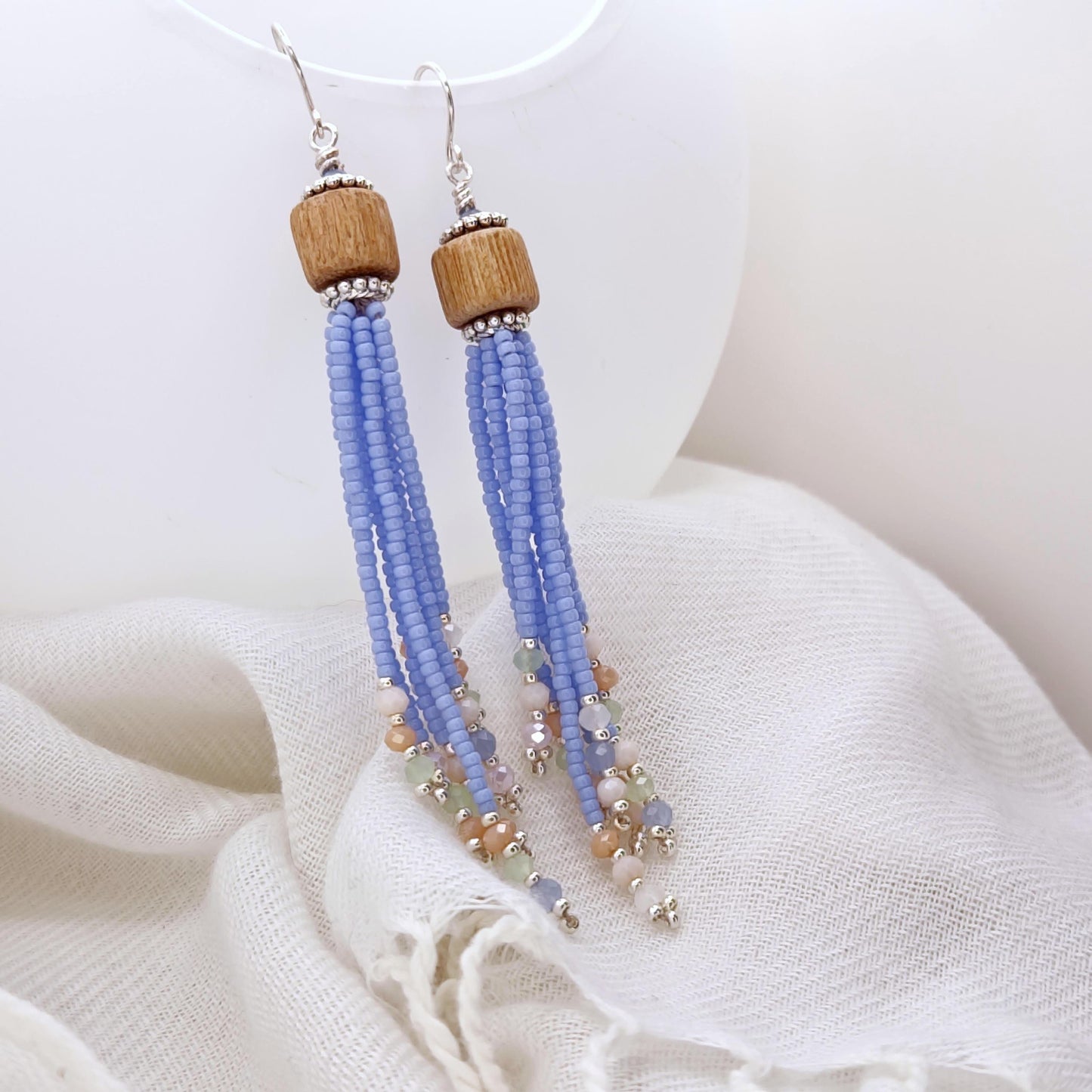 Pastel Blue Handmade Wooden and Glass Bead Dangle Earrings – Boho Chic, Silver Plated Accents, Faceted Seed Beads, Lightweight Jewelry