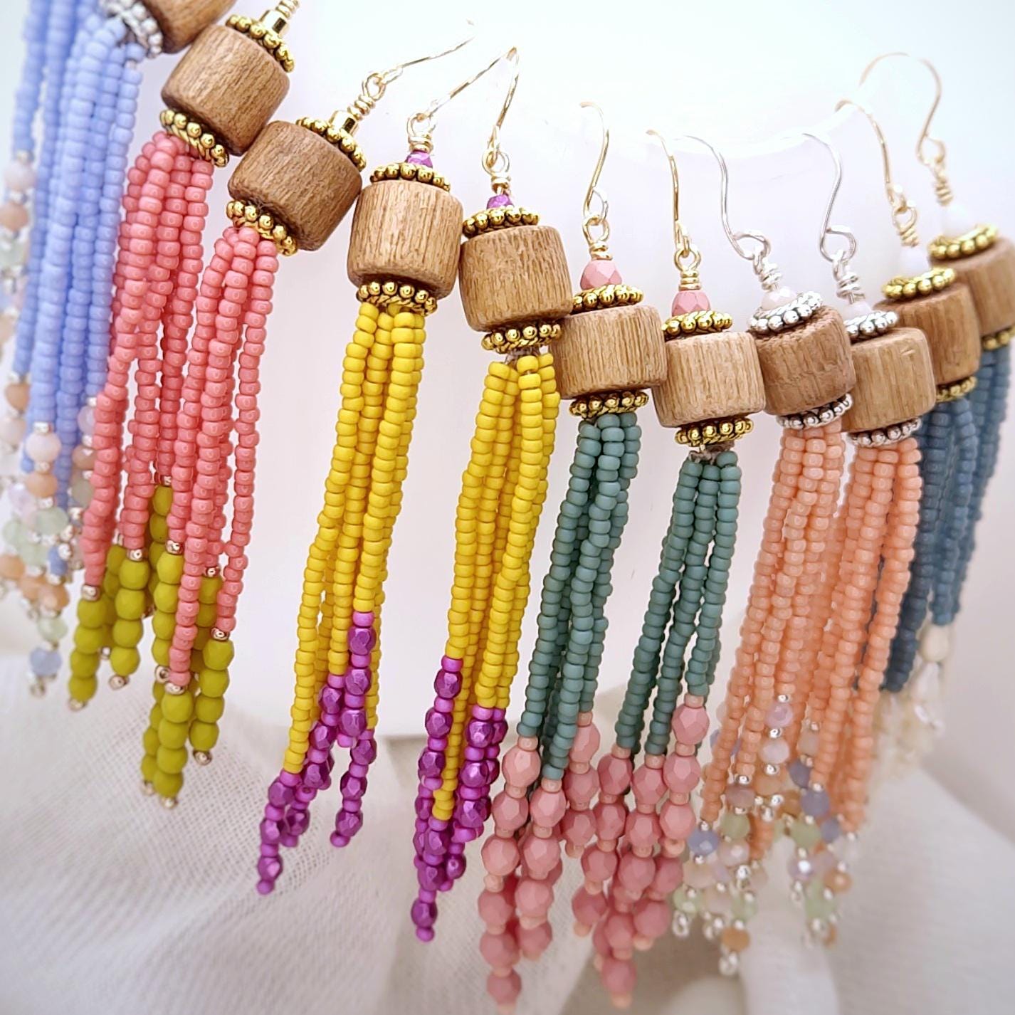 Mint and Pink Handmade Wooden and Glass Bead Dangle Earrings – Boho Chic,24K Gold Plated Accents, Faceted Seed Beads, Lightweight Jewelry