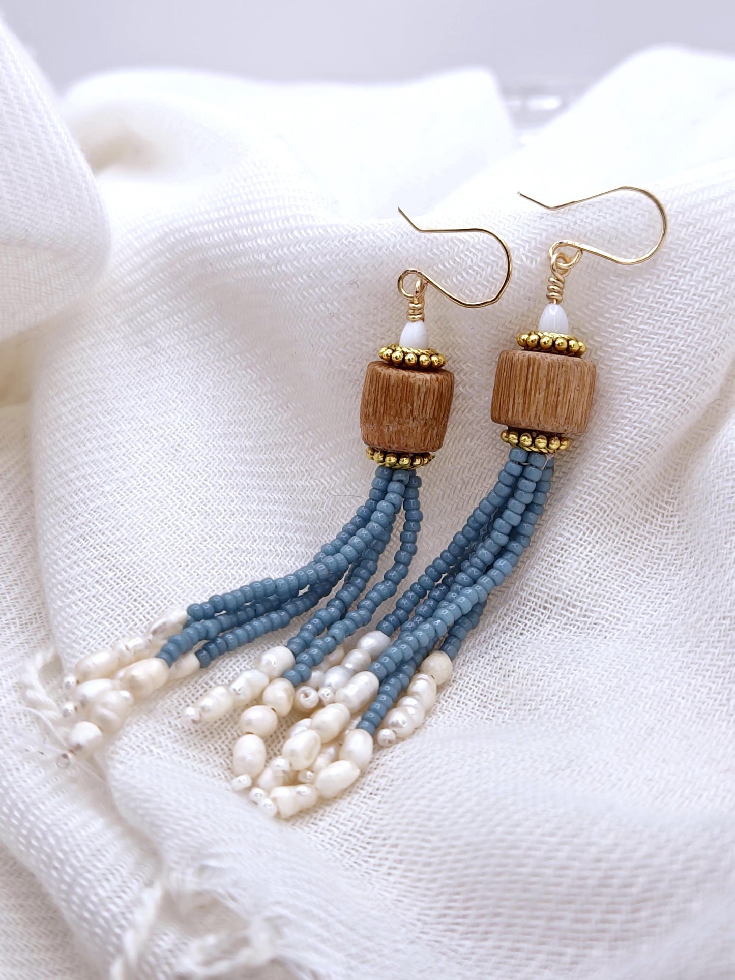 Blue Handmade Wooden and Glass Bead Dangle Earrings – Boho Chic, Silver or 24K Gold Plated Accents, Freshwater Pearls, Lightweight Jewelry
