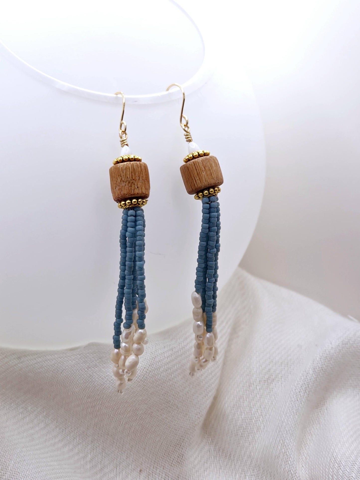 Blue Handmade Wooden and Glass Bead Dangle Earrings – Boho Chic, Silver or 24K Gold Plated Accents, Freshwater Pearls, Lightweight Jewelry