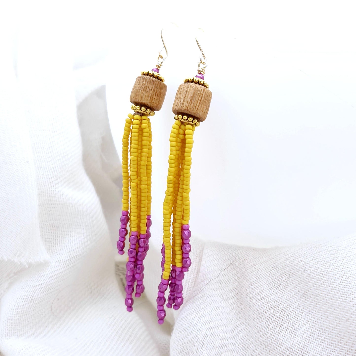 Yellow and Pink Handmade Wooden and Glass Bead Dangle Earrings – Boho Chic, 24K Gold Plated Accents, Faceted Seed Beads, Lightweight Jewelry