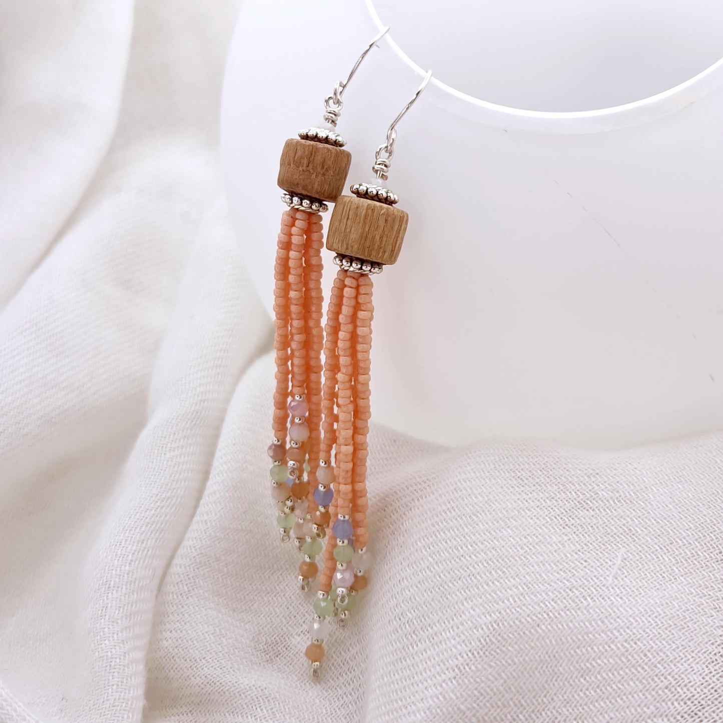 Pastel Pink Handmade Wooden and Glass Bead Dangle Earrings – Boho Chic, Silver Plated Accents, Faceted Beads, Lightweight Jewelry