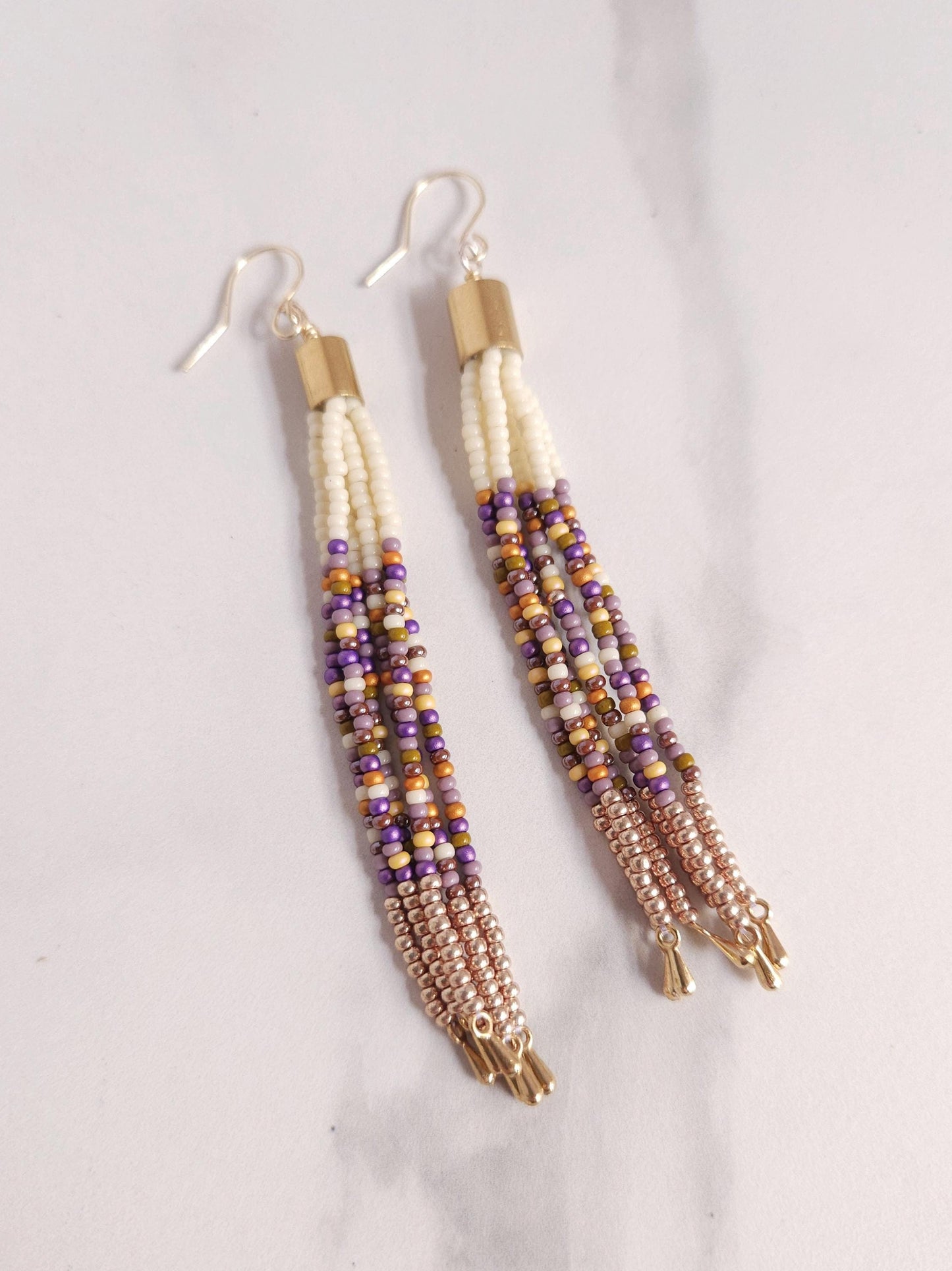 Boho Beaded Tassel Earrings – Handmade Czech Glass & 24K Gold Plated in Ivory and Purple