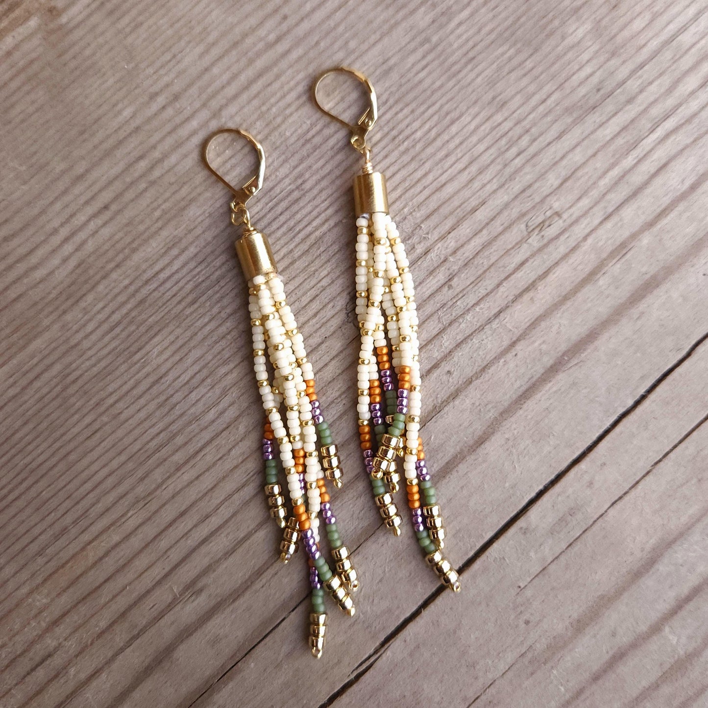 Boho Beaded Tassel Earrings – Handmade Czech Glass & 24K Gold Plated in Ivory and Purple