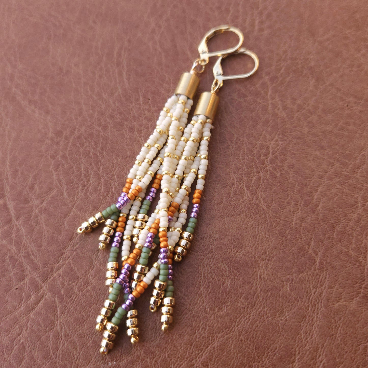 Boho Beaded Tassel Earrings – Handmade Czech Glass & 24K Gold Plated in Ivory and Purple