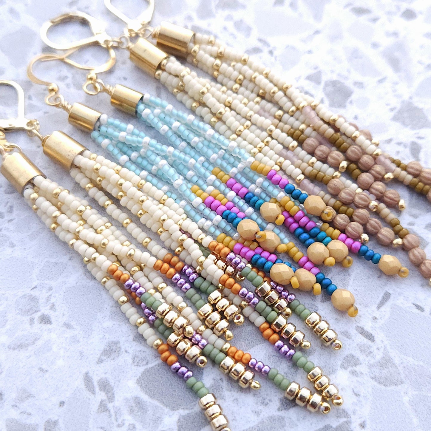 Boho Beaded Tassel Earrings Handmade 24K Gold Plated Czech Glass Mustard & Teal Statement Jewelry Gift