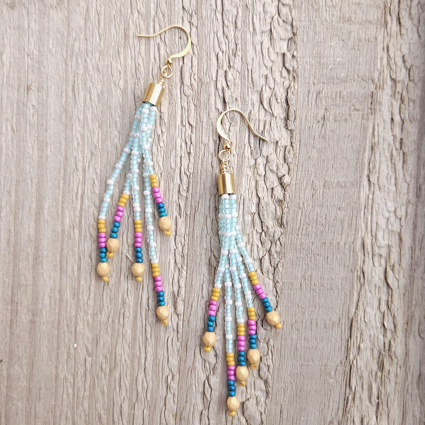 Boho Beaded Tassel Earrings Handmade 24K Gold Plated Czech Glass Mustard & Teal Statement Jewelry Gift