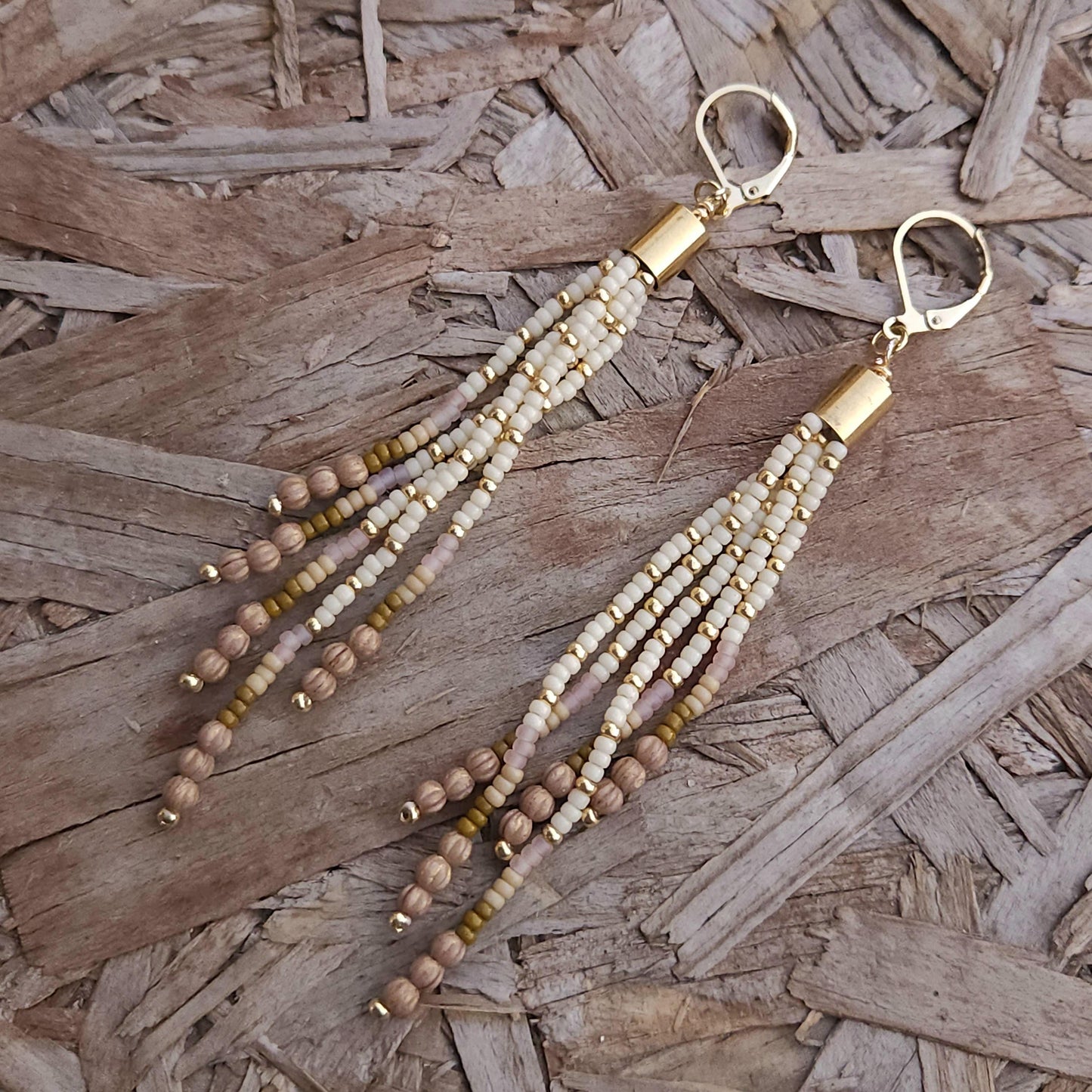 Boho Beaded Tassel Earrings – Handmade Czech Glass & 24K Gold Plated in Ivory and Purple