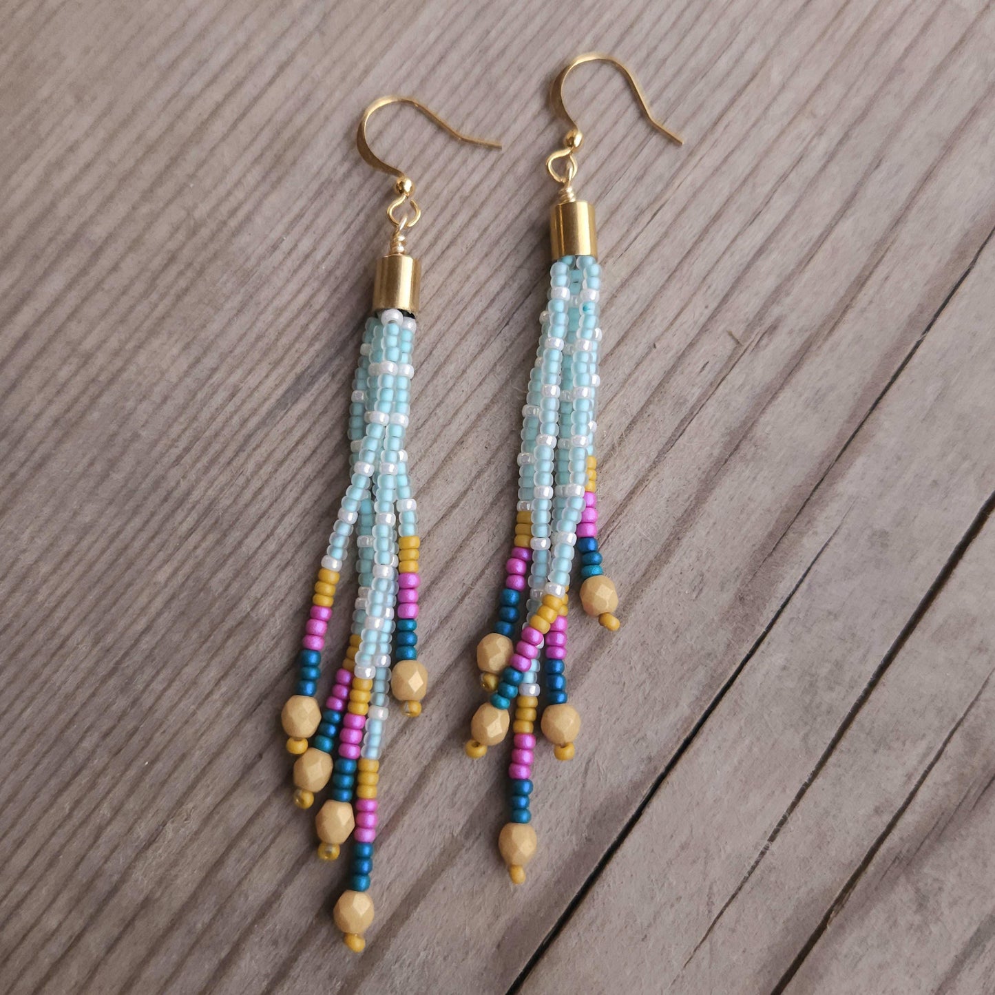 Boho Beaded Tassel Earrings Handmade 24K Gold Plated Czech Glass Mustard & Teal Statement Jewelry Gift