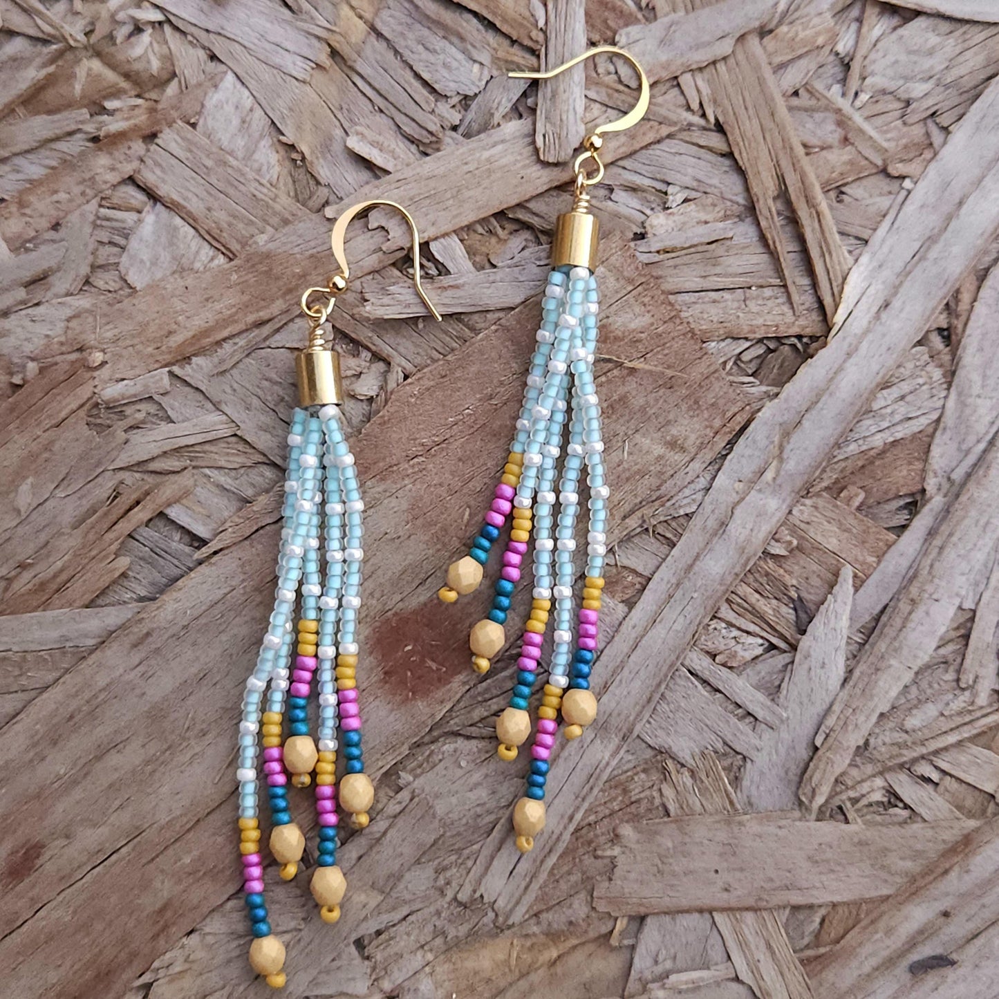 Boho Beaded Tassel Earrings Handmade 24K Gold Plated Czech Glass Mustard & Teal Statement Jewelry Gift