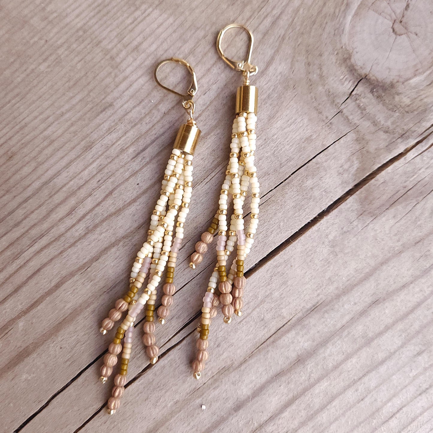 Boho Beaded Tassel Earrings – Handmade Czech Glass & 24K Gold Plated in Ivory and Purple