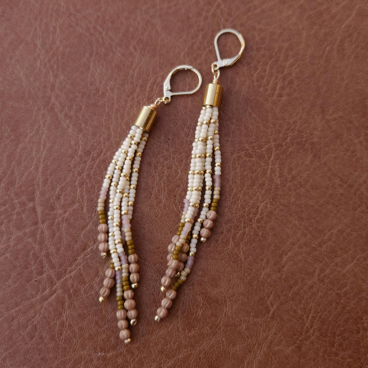 Boho Beaded Tassel Earrings – Handmade Czech Glass & 24K Gold Plated in Ivory and Purple