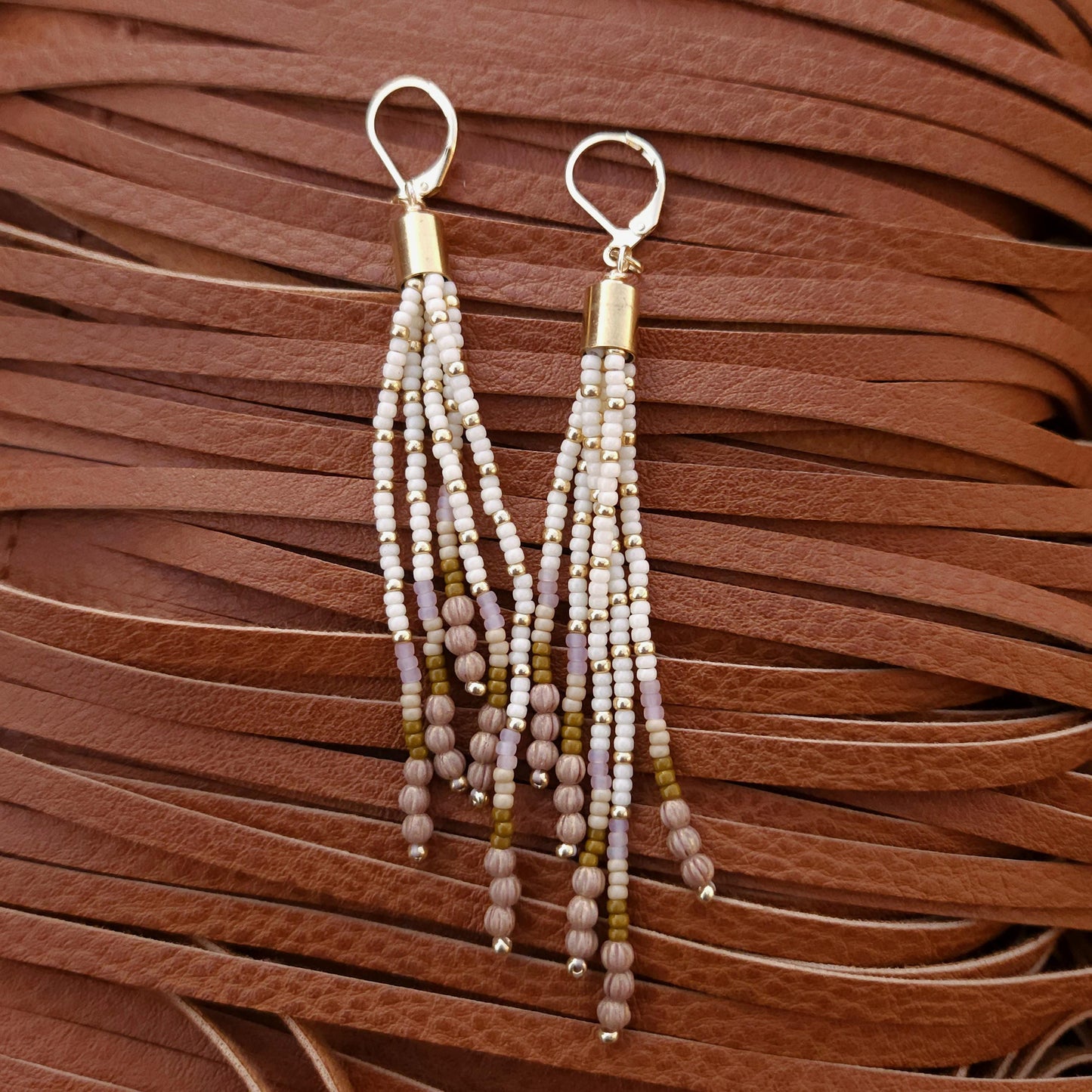 Boho Beaded Tassel Earrings – Handmade Czech Glass & 24K Gold Plated in Ivory and Purple