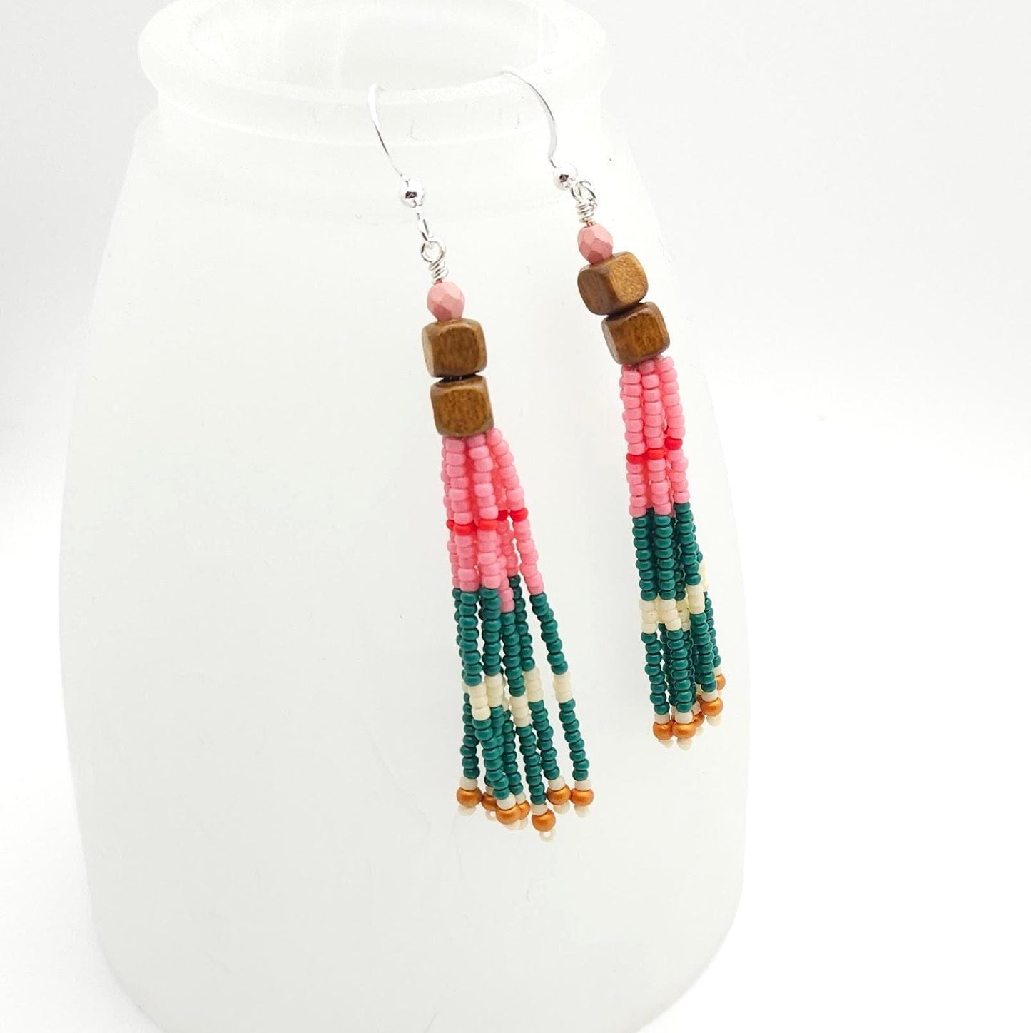 Pink, Teal, and Wooden Bead Dangle Earrings – Bohemian Fringe Statement Jewelry