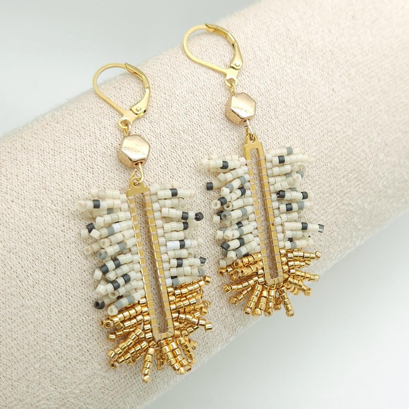 Gold, Gray & Ivory Geometric Earrings– Bohemian Statement Jewelry