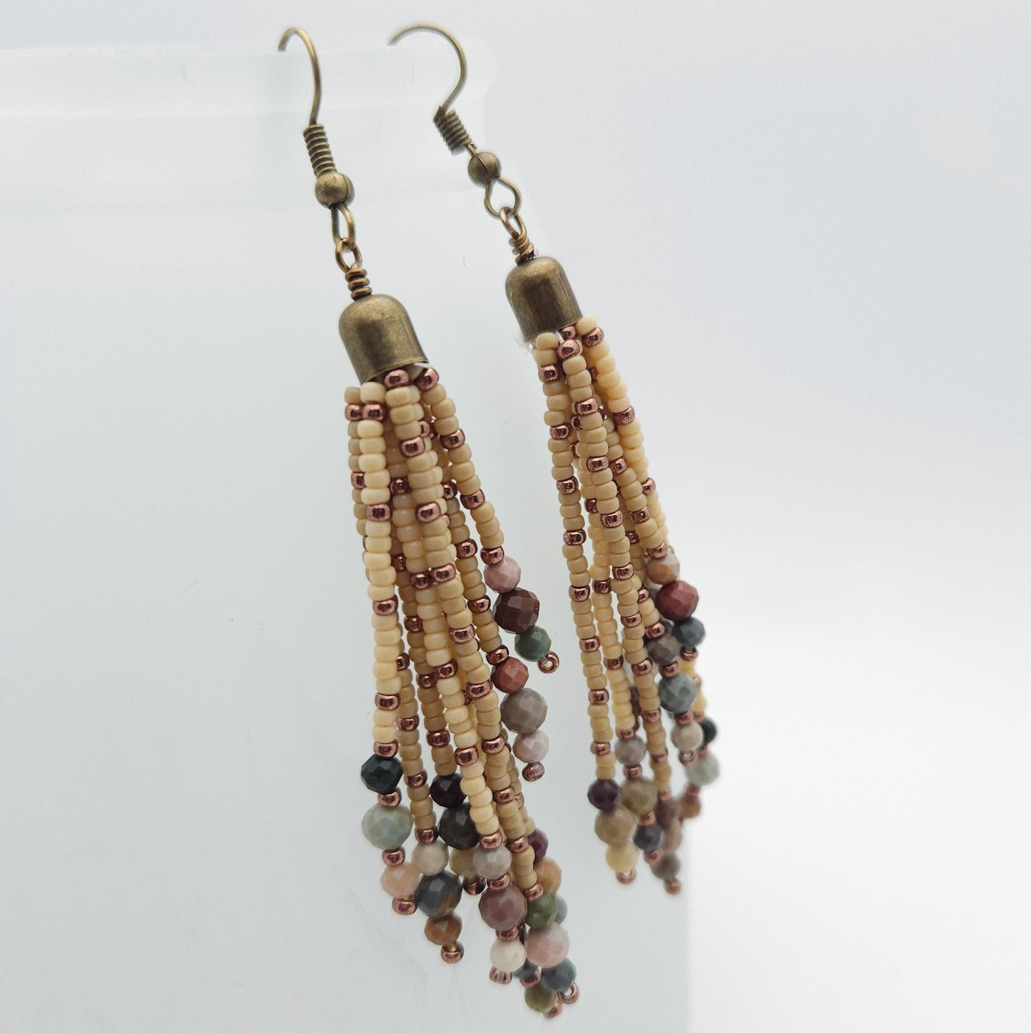 Earthy Toned Tassel Earrings with Alishan Agate– Bohemian Fringe Statement Jewelry