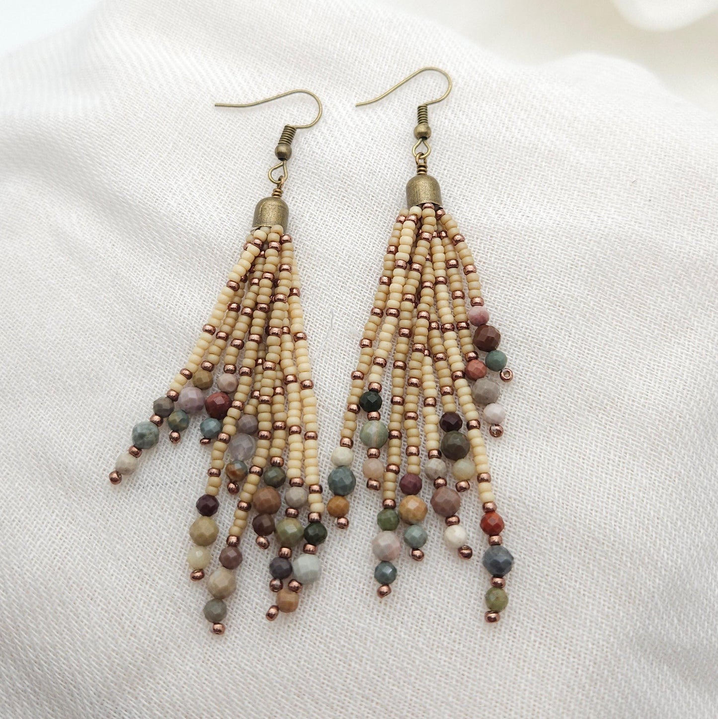 Earthy Toned Tassel Earrings with Alishan Agate– Bohemian Fringe Statement Jewelry