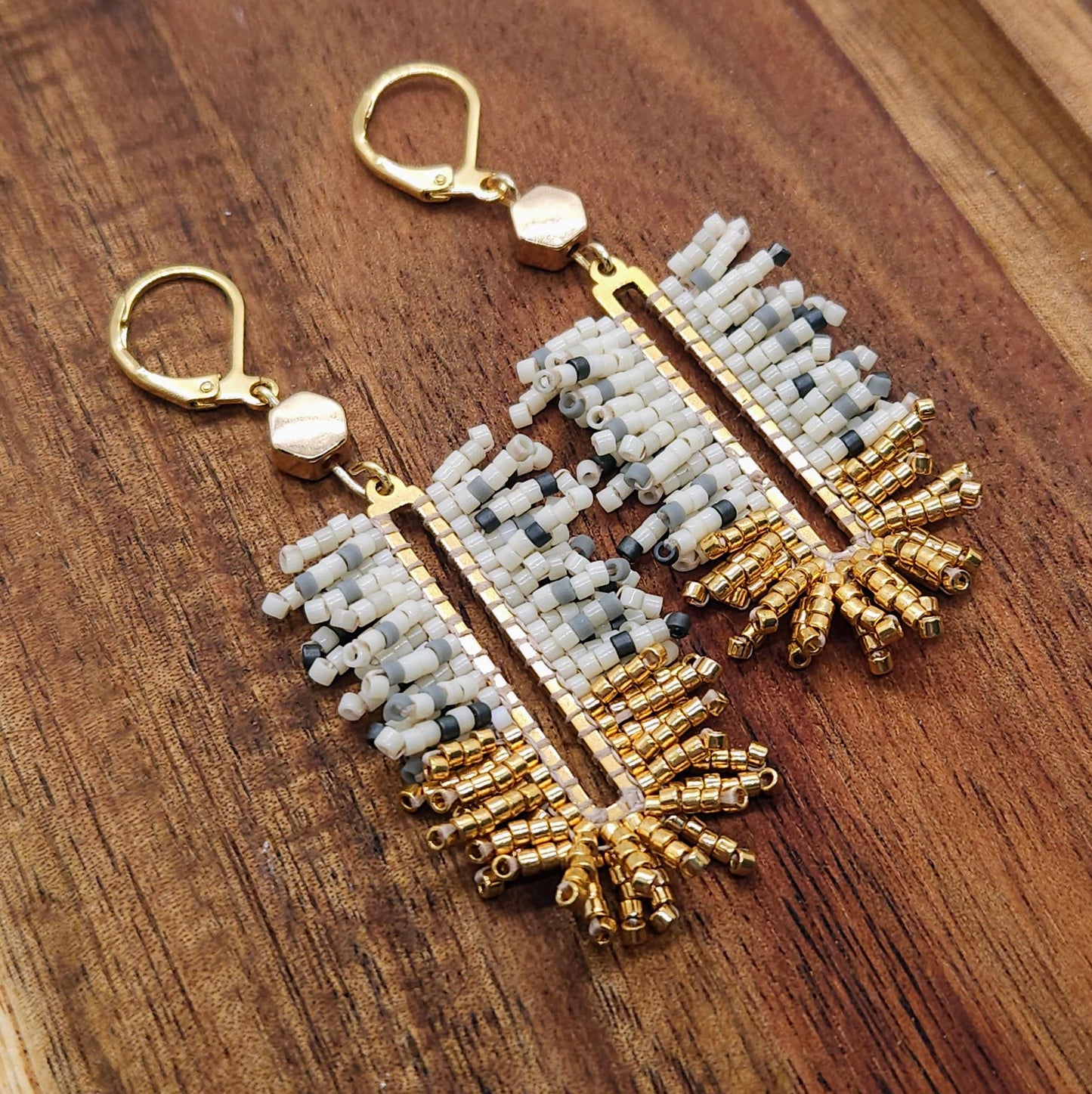 Gold, Gray & Ivory Geometric Earrings– Bohemian Statement Jewelry