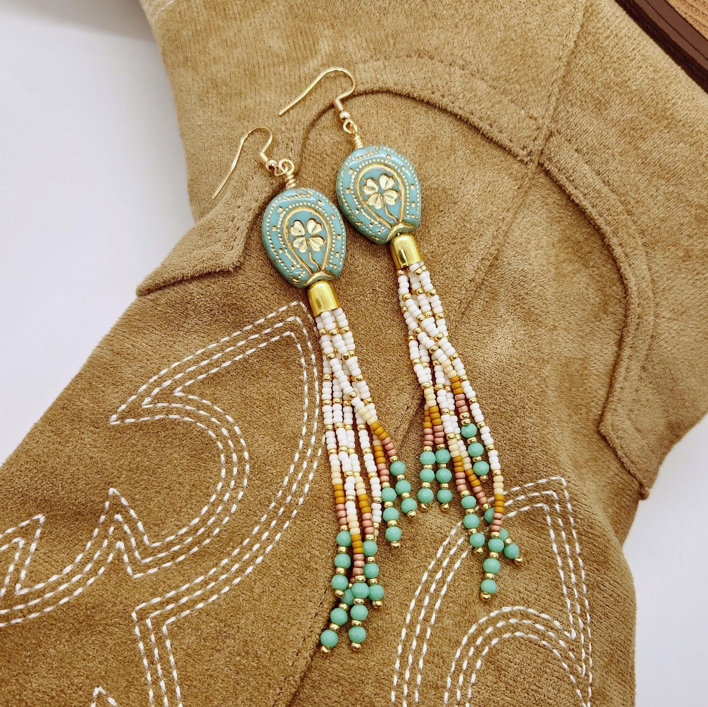 Turquoise Gold Southwestern Horseshoe Earrings with Tassels, Boho Statement Jewelry, Cowgirl Accessories