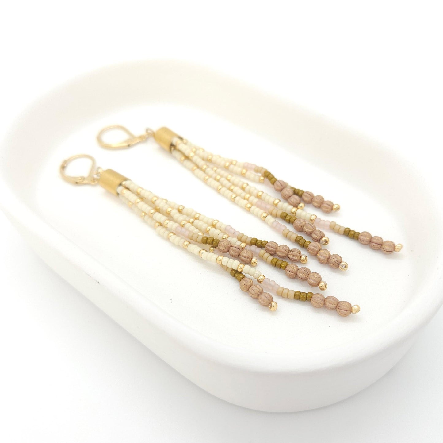 Boho Beaded Tassel Earrings – Handmade Czech Glass & 24K Gold Plated in Ivory and Purple