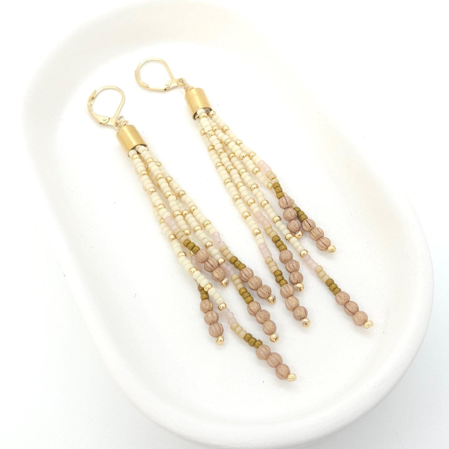 Boho Beaded Tassel Earrings – Handmade Czech Glass & 24K Gold Plated in Ivory and Purple
