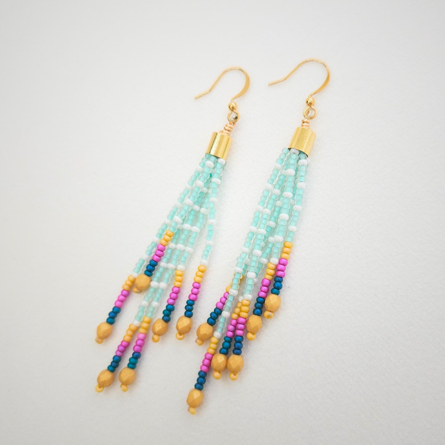 Boho Beaded Tassel Earrings Handmade 24K Gold Plated Czech Glass Mustard & Teal Statement Jewelry Gift