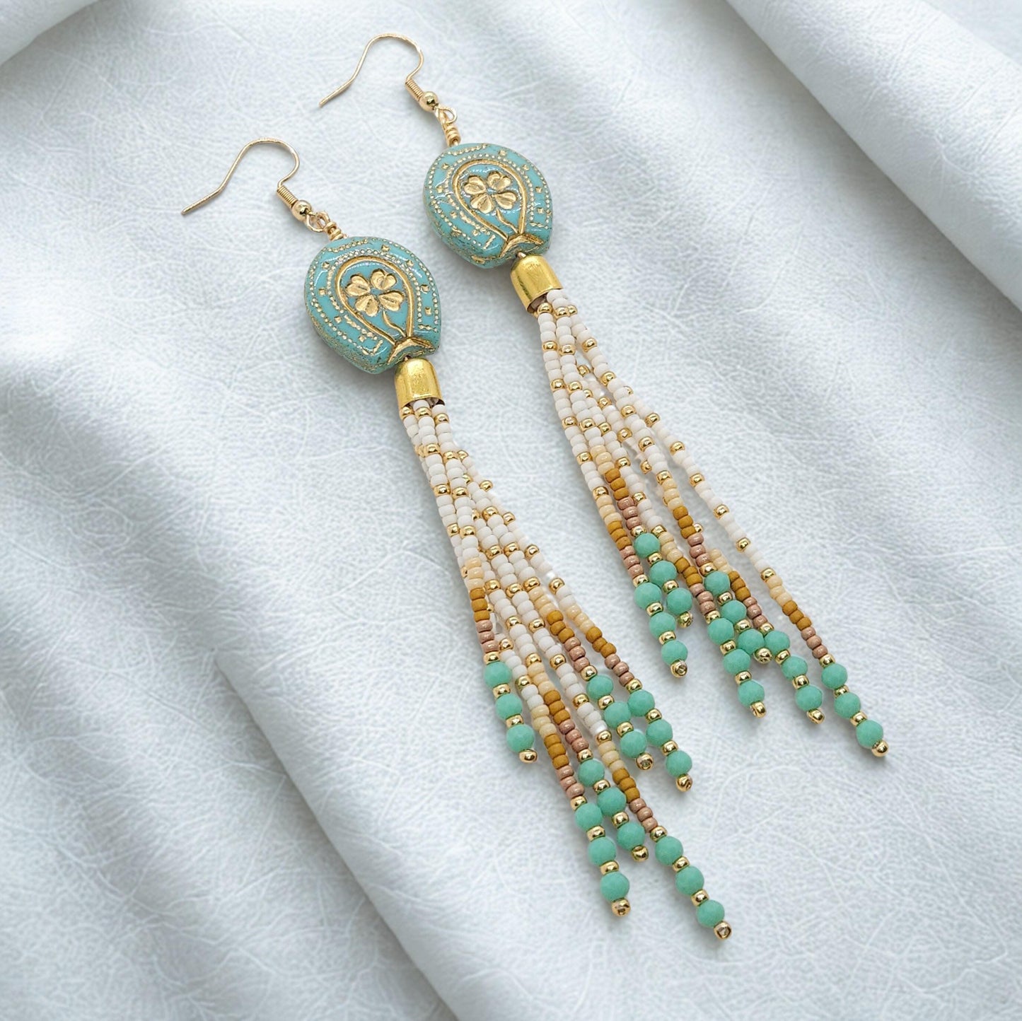 Turquoise Gold Southwestern Horseshoe Earrings with Tassels, Boho Statement Jewelry, Cowgirl Accessories