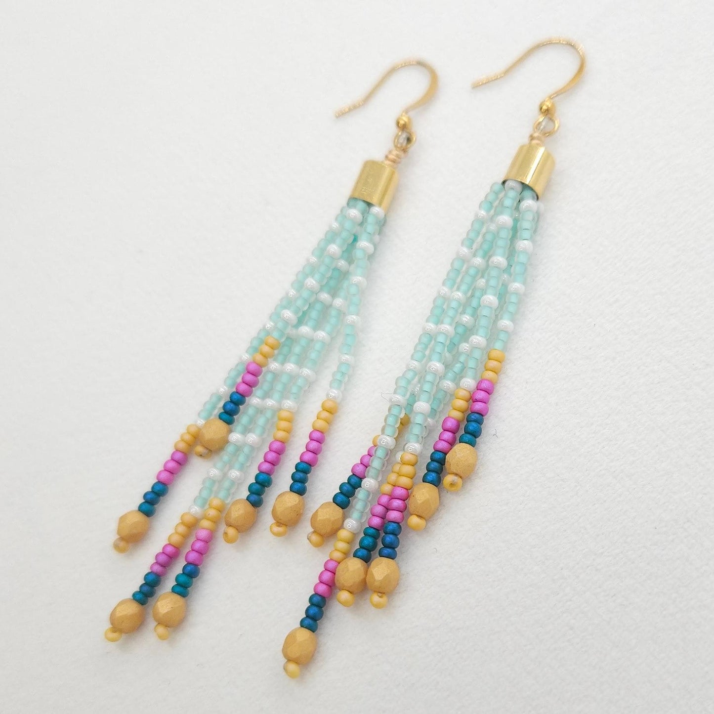 Boho Beaded Tassel Earrings Handmade 24K Gold Plated Czech Glass Mustard & Teal Statement Jewelry Gift
