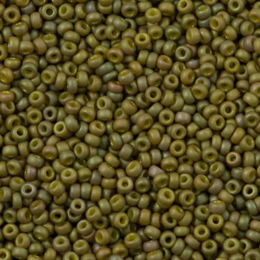 11-2033 Miyuki Seed Bead Round Rocailles 11/0 | Matte Opaque Light Olive Luster | 1"x2" Flip Top Container ∼15g