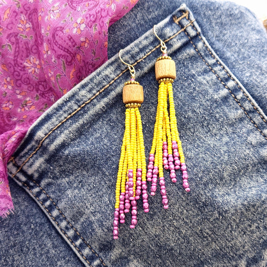 Yellow and Pink Handmade Wooden and Glass Bead Dangle Earrings – Boho Chic, 24K Gold Plated Accents, Faceted Seed Beads, Lightweight Jewelry