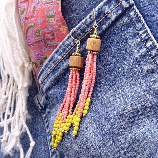 Pink and Green Handmade Wooden & Glass Bead Dangle Earrings – Boho Chic, 24K Gold Plated, Lightweight Faceted Seed Beads Jewelry