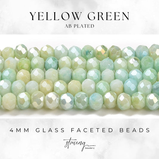 4mm Glass Faceted Beads | Yellow Green | AB Plated | Rondelle Beads