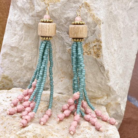 Mint and Pink Handmade Wooden and Glass Bead Dangle Earrings – Boho Chic,24K Gold Plated Accents, Faceted Seed Beads, Lightweight Jewelry