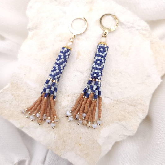Boho Beaded Tassel Earrings – Handmade Czech Glass & 24K Gold Plated in Ivory and Navy