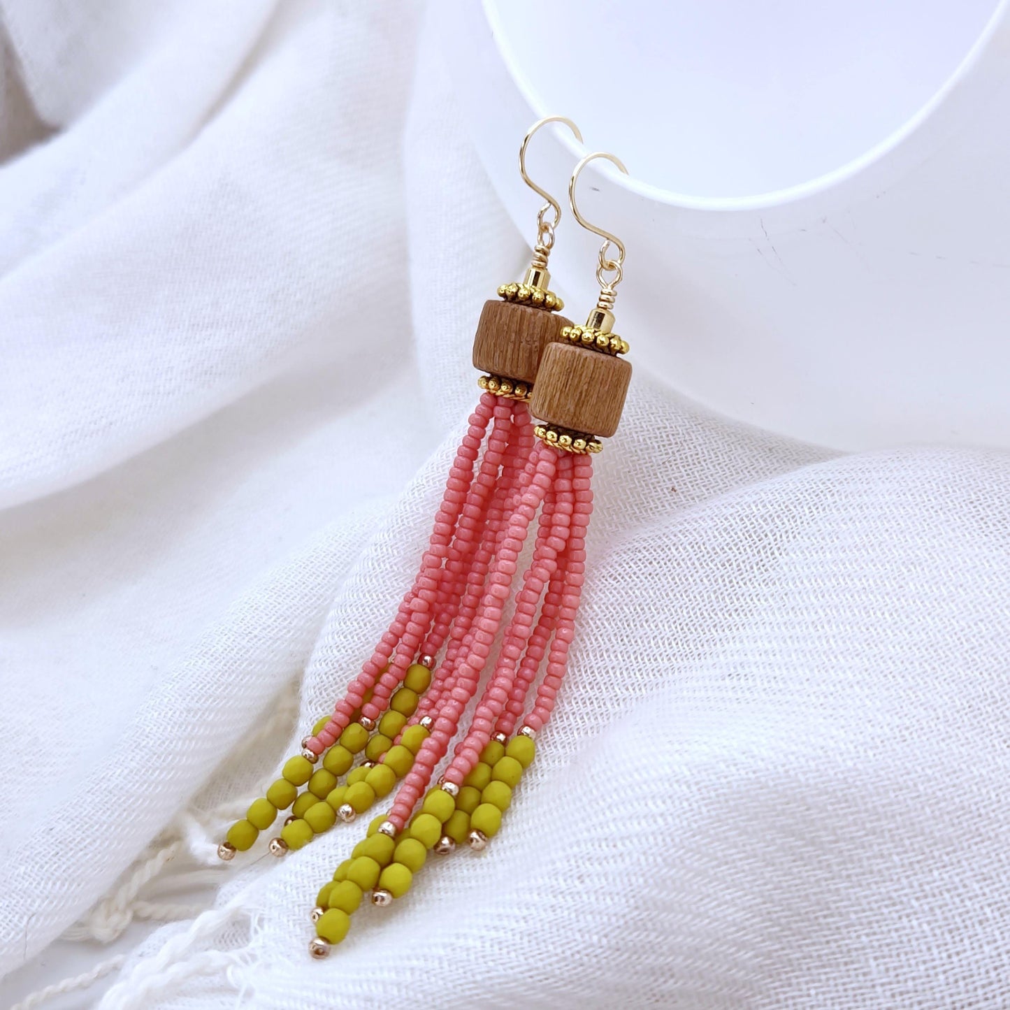 Pink and Green Handmade Wooden & Glass Bead Dangle Earrings – Boho Chic, 24K Gold Plated, Lightweight Faceted Seed Beads Jewelry